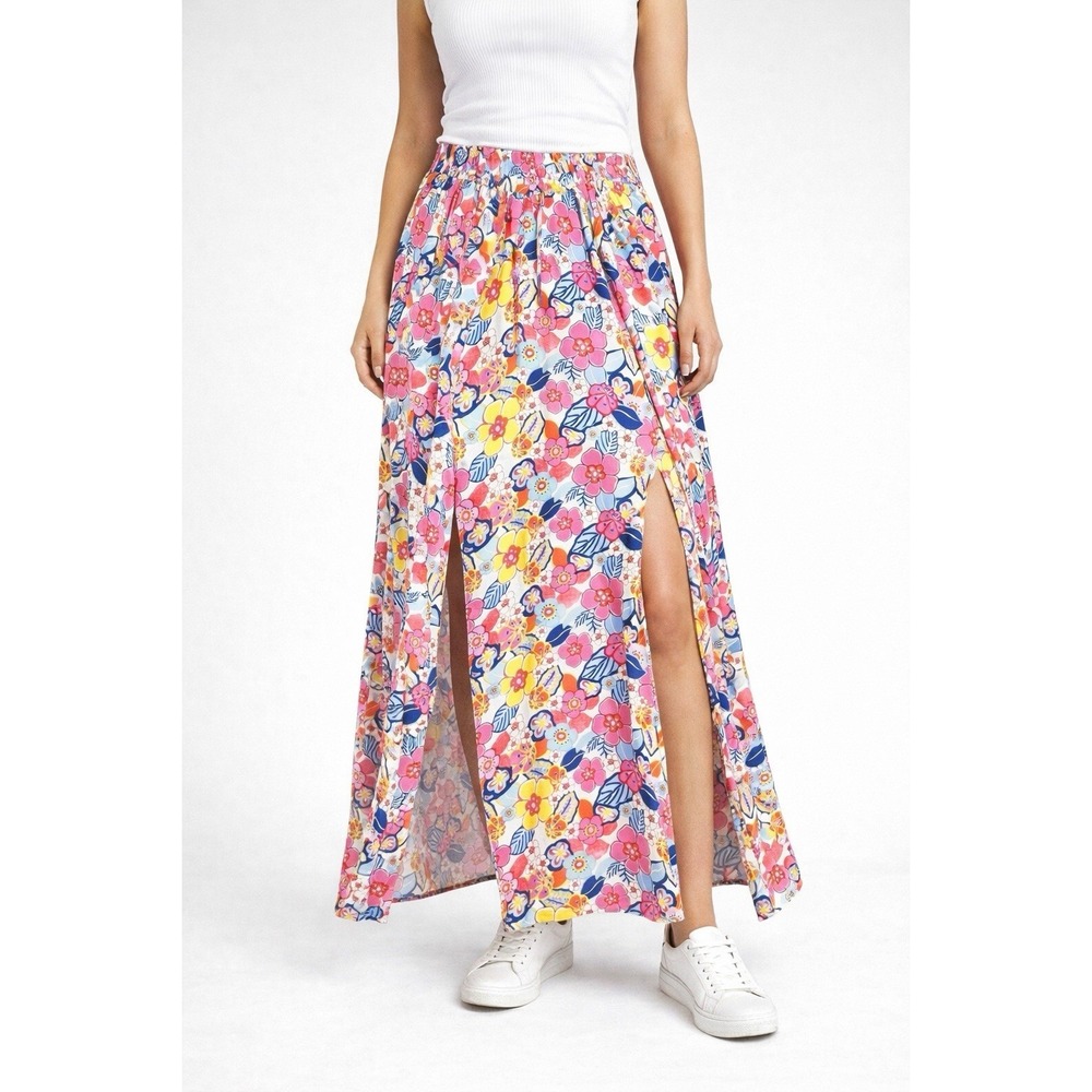 White‎ Birch Floral Maxi Skirt Smocked Elastic Waist Pink Yellow Split Hem Sz XL